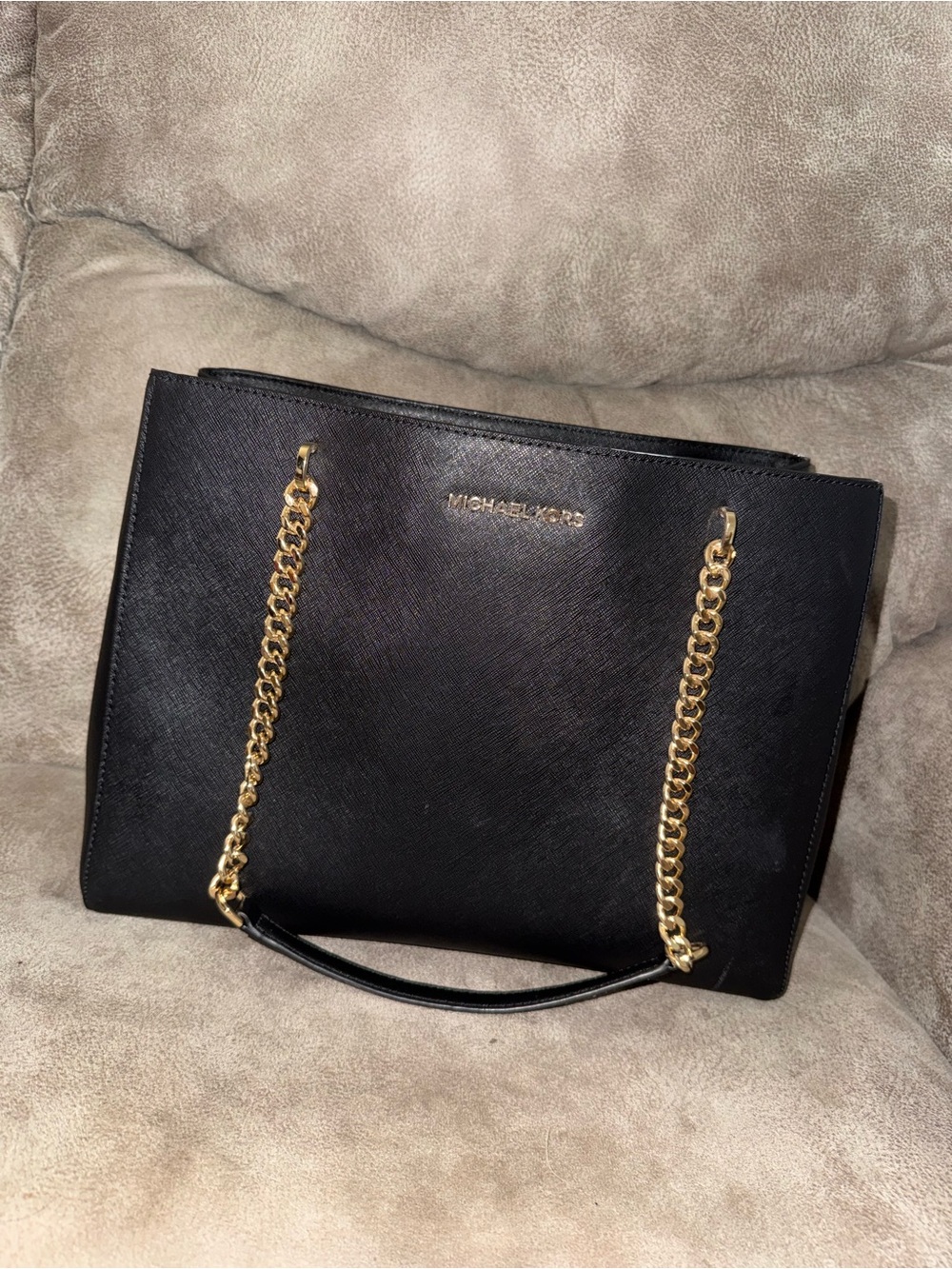 Michael Kors Black Saffiano Tote with Gold Chain Handles